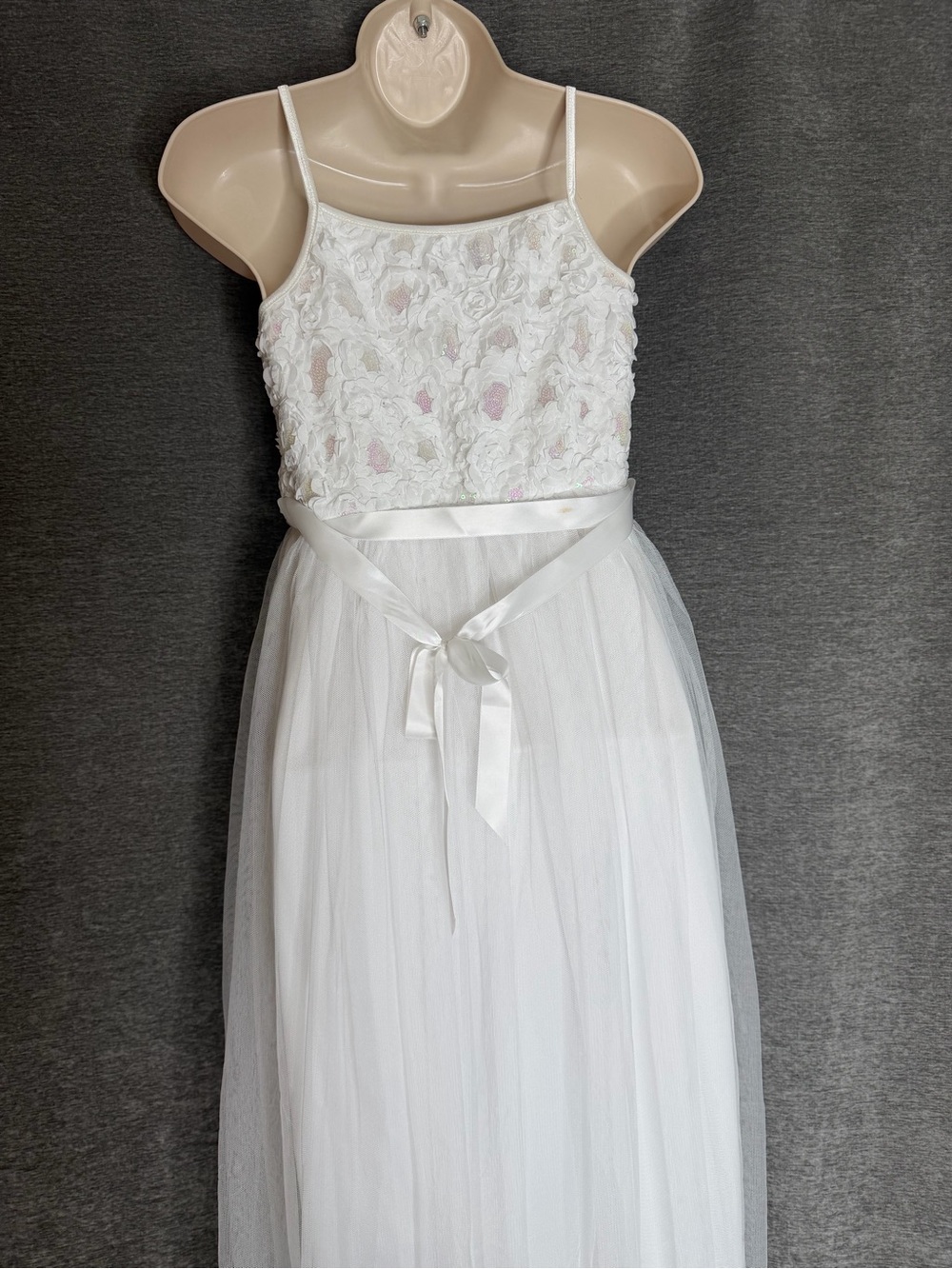 lilt White Lace Bodice Tulle Formal Dress with Satin Waist Tie